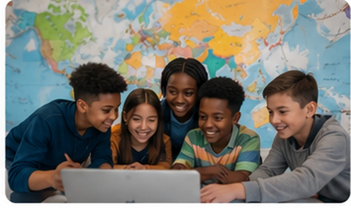 De jeunes élèves collaborent devant une carte du monde