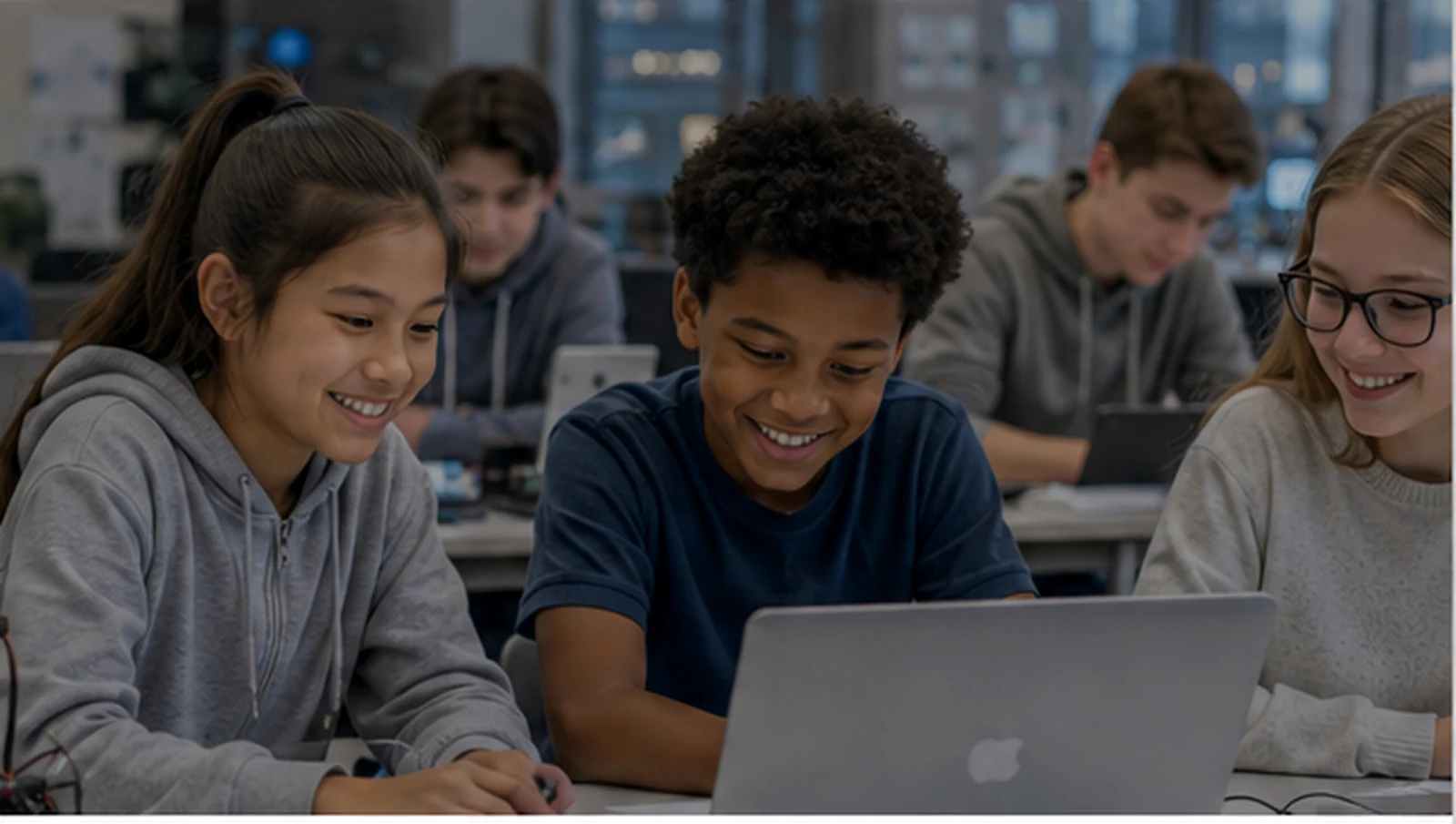 Un groupe diversifié de jeunes qui apprennent ensemble avec un ordinateur portable