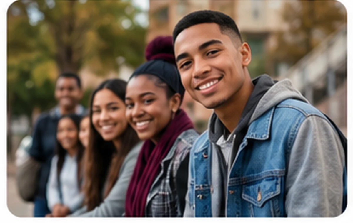 Un groupe diversifié de jeunes adultes réunis à l’extérieur